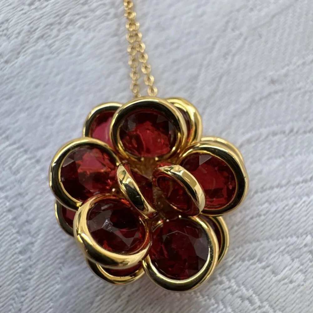 Kate Spade Gold Tone Crystal Ruby Flower Pendant Necklace Fashion Trendy NEW